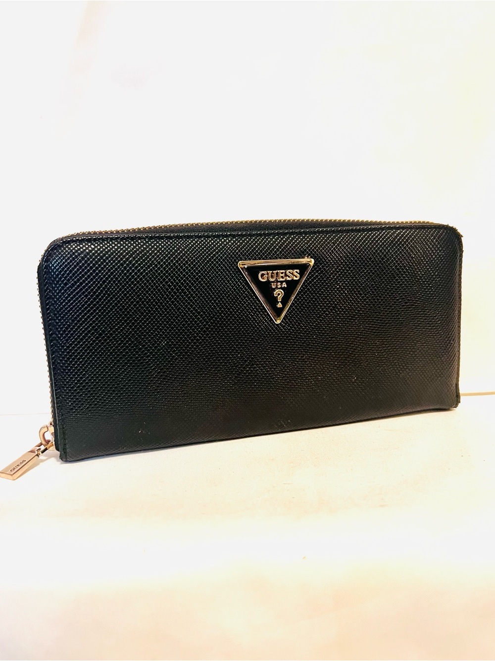 GUESS Black Textured Zip Around Wallet Gold Triangle Logo-Coin/CC Holders-Casual